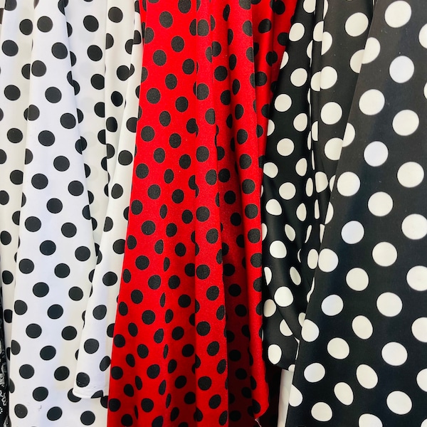 Polka dots design print on best quality of Nylon spandex 4-way stretch 58/60” Sold by the YD. Ships Worldwide from Los Angeles California US