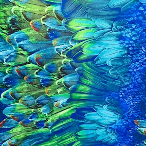 Feathers design peacock colors print on great quality of Nylon Spandex 4-way stretch 58/60” Sold by the YD. Ships Worldwide from Los Angeles