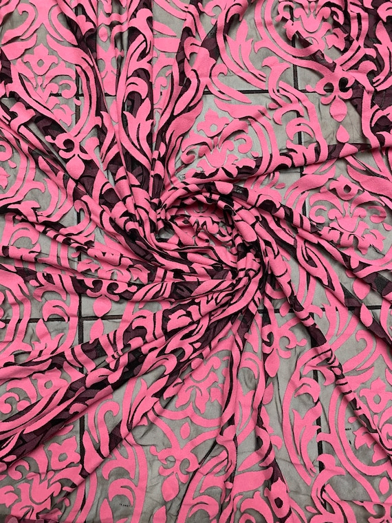 New burnout mesh Victoria design black/pink 2-way stretch 58/60” Sold by the YD. Ships Worldwide from Los Angeles California USA.