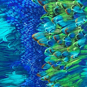 New peacock feathers design print on nylon spandex 4-way 58/60” Sold by the YD. Ships worldwide from Los Angeles California USA.