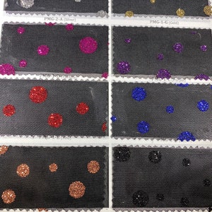 New Glitter polka dots design on black power mesh 4-way stretch 58/60” Sold by the YD. Ships Worldwide from Los Angeles California USA.