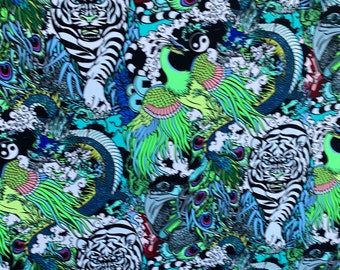 Nuevo diseño de tigre exótico con estampado de múltiples animales en nailon y elastano de la mejor calidad, elástico en 4 direcciones, 58/60”. Vendido por yarda.