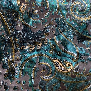 New Luxury paisley design print on burnout velvet peacock green 4-way stretch 58/60” Sold by the YD. Ships Worldwide from Los Angeles CA USA