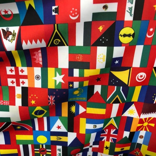 New International multi flags design printed on nylon spandex 4way stretch 58/60" Sold by the YD. Ships worldwide from Los Angeles CA USA.