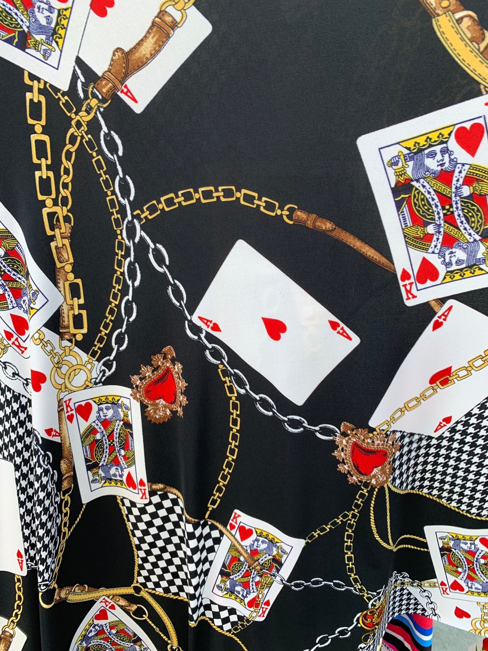 Playing Card String Multi Chain and Playing Cards Design Print on Poly Spandex 4way Stretch ...