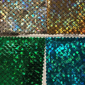 May include: Four swatches of iridescent fabric with a fish scale pattern. The swatches are labeled "Black/Silver", "Black/Gold", "Black/Green", and "Black/Turquoise".