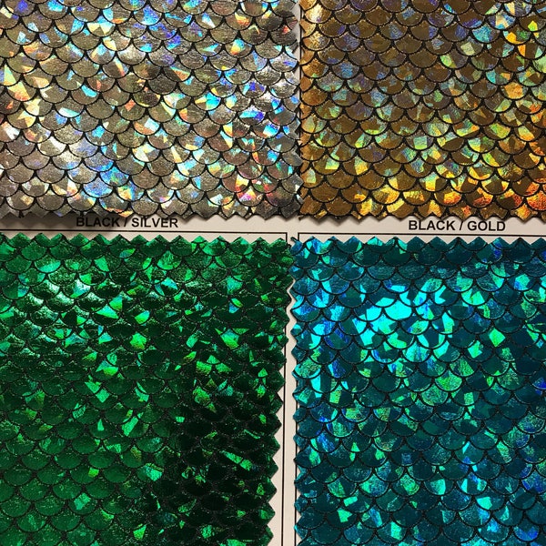 Fish scale small size mermaid hologram foil on nylon spandex 4way stretch 58/60" Sold by the YD. Ships worldwide from Los Angeles California