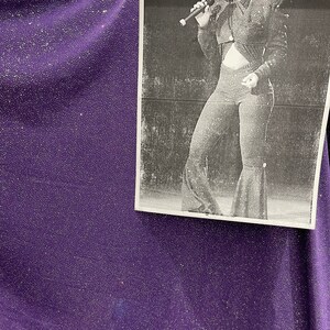 Selena design purple/silver poly spandex with glitter all over 4-way stretch 58/60” Sold by the YD. Ships Worldwide from Los Angeles CA