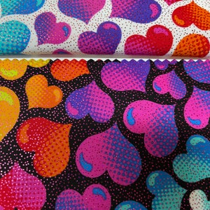 Multi heart design print on nylon spandex with foil 4way Stretch 58/60” Sold by the yd. Ships worldwide from Los Angeles California USA