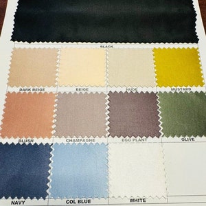Puede incluir: Una carta de colores de muestras de tela en varios colores, incluyendo negro, beige oscuro, beige, nude, mostaza, rubor, champán, berenjena, oliva, azul marino, azul cielo y blanco.