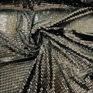 Puede incluir: Tela negra con lentejuelas cuadradas plateadas. Las lentejuelas están dispuestas en forma de cuadrícula.