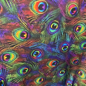 New Exotic peacock design rainbow color print on best quality of nylon spandex 4-way stretch 58/60” Sold by the YD. Ships Worldwide