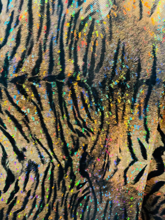 New Wild Tiger design on Hologram shattered glass metallic nylon spandex 4-way stretch 58/60” High quality fabrics by AlexLAFabrics