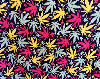 New weed leaf design print on nylon spandex 4-way Stretch 58/60” Sold by the YD. Ships worldwide from Los Angeles California USA.