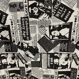 Puede incluir: Una tela estampada en blanco y negro con un dise&ntilde;o de impresi&oacute;n de peri&oacute;dico. La tela presenta im&aacute;genes de rostros de mujeres, texto y formas geom&eacute;tricas. El texto incluye frases como "Save Me!" y "Spring Fashion".
