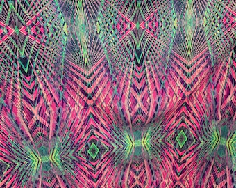 May include: Abstract geometric pattern fabric with a pink, green, and black color scheme. The pattern features a repeating diamond shape with a textured, pixelated look.