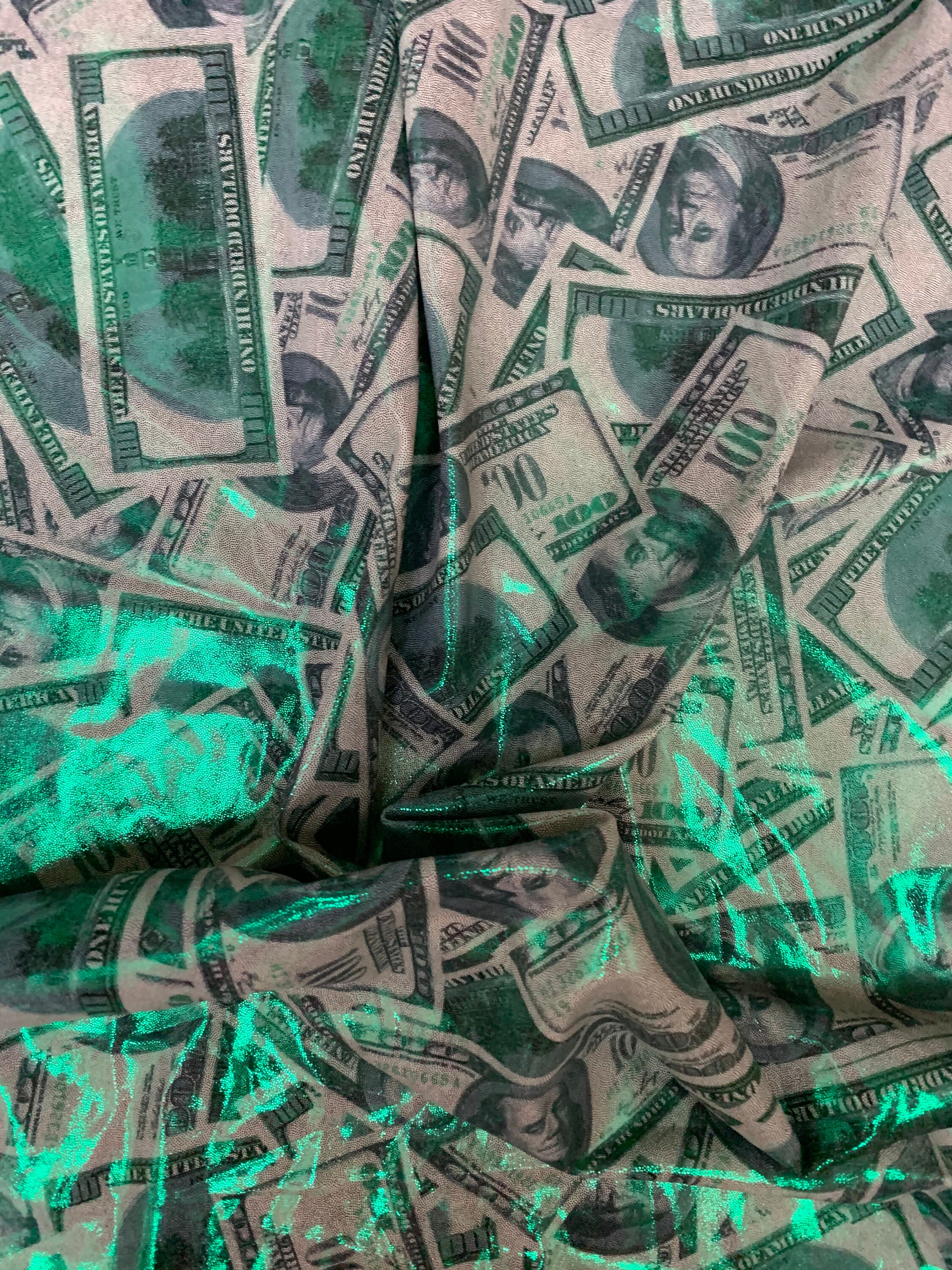 New Metallic Heavy Nylon Spandex Money Design 100 Dollar Bill Print On 