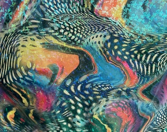 Diseño safari con estampado de múltiples animales sobre nailon spandex de la mejor calidad con lámina metálica de vidrio roto holográfica, elasticidad en 4 direcciones, 58/60”.