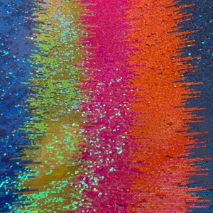New iridescent multicolor rainbow sequins all over on stretch mesh 2way 58/60&quot; Sold by the YD. Ships worldwide from Los Angeles California