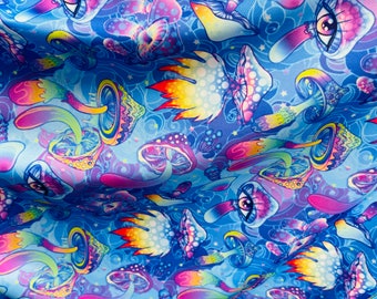 May include: A psychedelic blue fabric with a repeating pattern of colorful mushrooms and eyes. The mushrooms are in various shapes and sizes, with some having flames coming out of the top. The eyes are all looking in different directions.