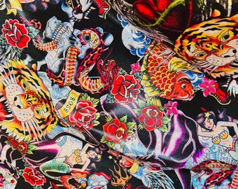 Japanese Tattoo design print on Metallic Shattered Glass nylon spandex 4-way stretch 58/60” High Quality fabrics by AlexLAFabrics