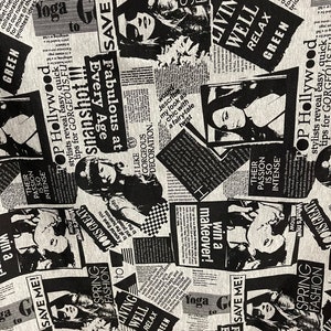 Puede incluir: Tela estampada en blanco y negro con un dise&ntilde;o de estilo peri&oacute;dico. La tela presenta im&aacute;genes de mujeres, texto y las palabras "Spring Fashion", "Living Well", "Relax" y "Green".