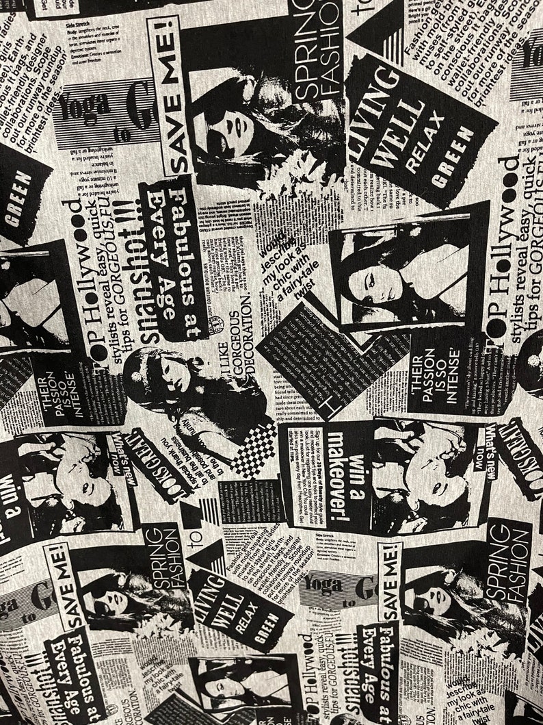 Puede incluir: Tela estampada en blanco y negro con un dise&ntilde;o de estilo peri&oacute;dico. La tela presenta im&aacute;genes de mujeres, texto y las palabras "Spring Fashion", "Living Well", "Relax" y "Green".