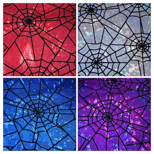 Amazing Spiderweb design on metallic hologram shattered glass nylon spandex with flocking 4-way stretch 58/60” Sold by the YD.