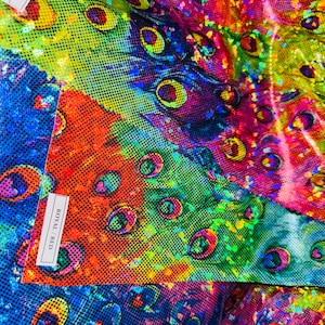 New Exotic Peacock digital design on shattered glass metallic nylon spandex 4-way stretch