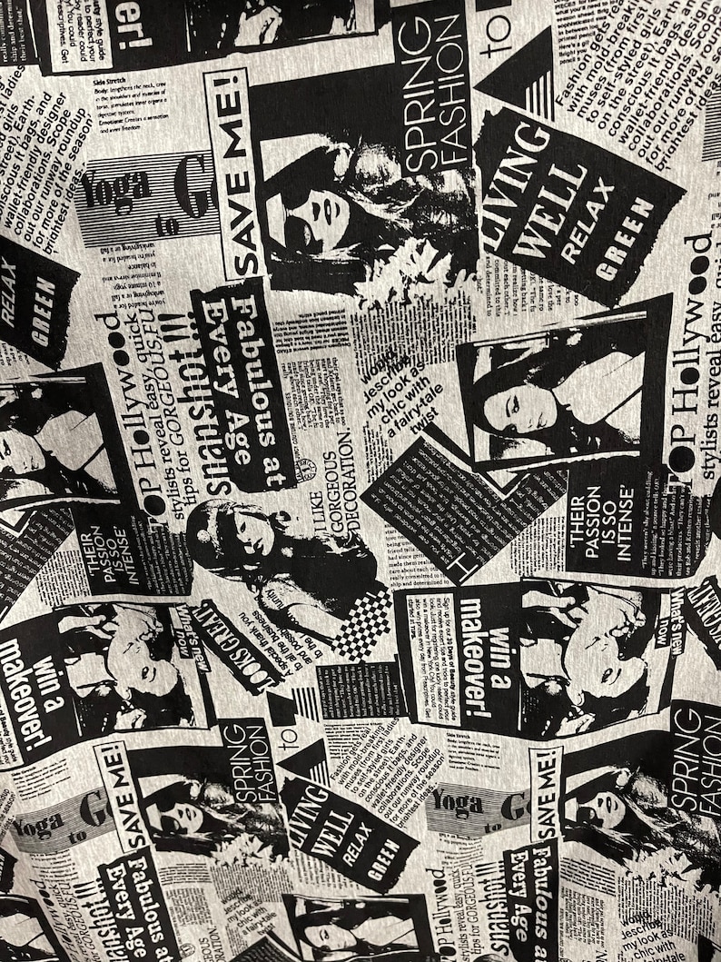 Puede incluir: Una tela con estampado en blanco y negro con un dise&ntilde;o de estilo peri&oacute;dico. La tela presenta im&aacute;genes de mujeres, texto y las palabras "Spring Fashion", "Living Well", "Relax" y "Green".