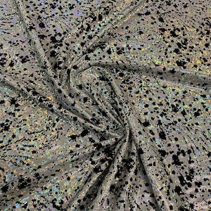 New splatter paint design hologram metallic nylon spandex with black flocking 4-way stretch 58/60” Sold by the YD. Ships worldwide from L.A