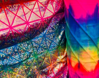 Geometric desing hologram tie dye nylon spandex 58/60" sold by the yd. Ships worldwide from Los Angeles California USA