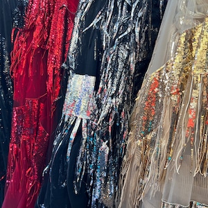 New Luxury Fringe shiny sequins design embroidered on stretch mesh 2-way stretch 58/60” Sold by the YD. Ships Worldwide from Los Ángeles