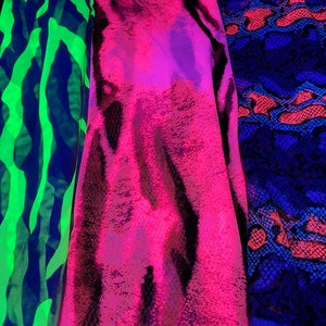 New Uv Light power mesh Exotic animal prints on mesh 4-way stretch 58/60” these mesh fabrics they glow in the dark with a black light