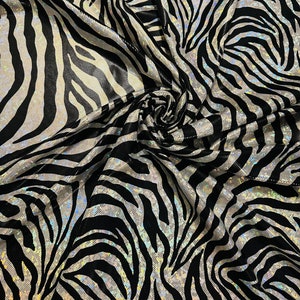 Zebra design exotic animal print on hologram metallic nylon spandex shattered glass 4-way stretch 58/60”