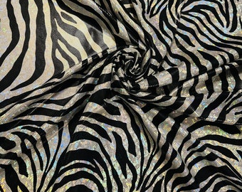 Zebra design exotic animal print on hologram metallic nylon spandex shattered glass 4-way stretch 58/60”