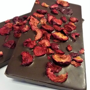 May include: A dark chocolate bar topped with dried cranberries. The cranberries are scattered across the surface of the chocolate bar.
