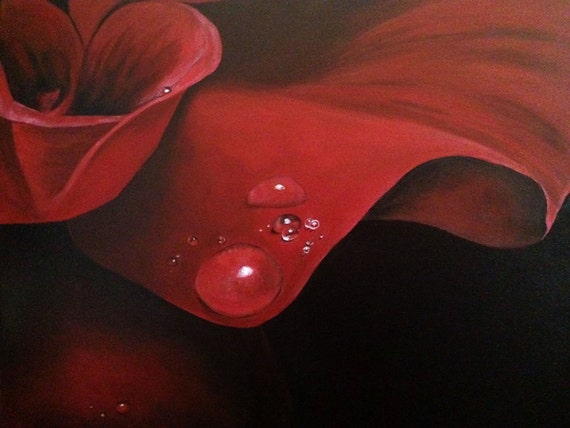 Morning Dew Peinture Acrylique Fleur Rose Rouge Rose Art Contemporain Peinture Florale Fleur Rouge