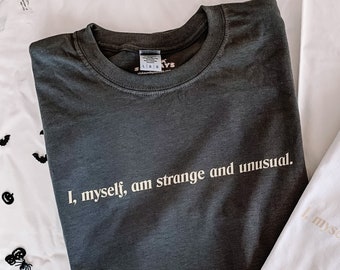 I Myself am Strange and Unusual graphic tee, halloween movie tshirt, beetle, juice, graphic tee, tim burton shirt, vintage movie quote tee