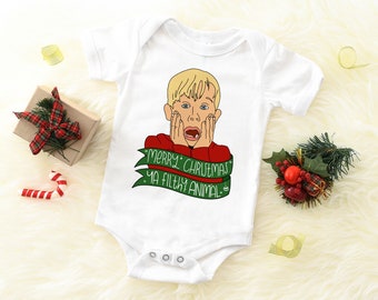 Merry Christmas Ya Filthy Animal, baby bodysuit, home body, movie quote baby bodysuit, kevin bodysuit, baby christmas, baby holiday gift
