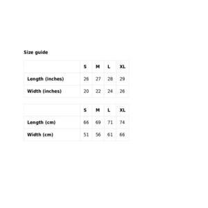 May include: Size guide chart for a garment with measurements in inches and centimeters. The chart shows the length and width of the garment in sizes S, M, L, and XL.
