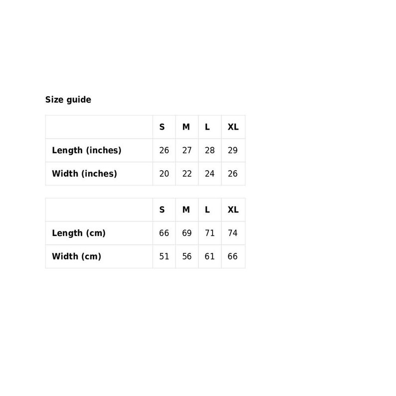 May include: Size guide chart for a garment with measurements in inches and centimeters. The chart shows the length and width of the garment in sizes S, M, L, and XL.