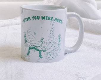 Who Greetings Mug, christmas mug, kids movie hand drawn holiday mug, vintage post card style christmas mug, christmas tree mug, gift idea