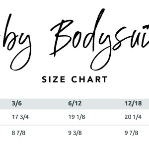 May include: Size chart for baby bodysuits, showing measurements in inches for body length and width for sizes 3/6, 6/12, 12/18, and 18/24.