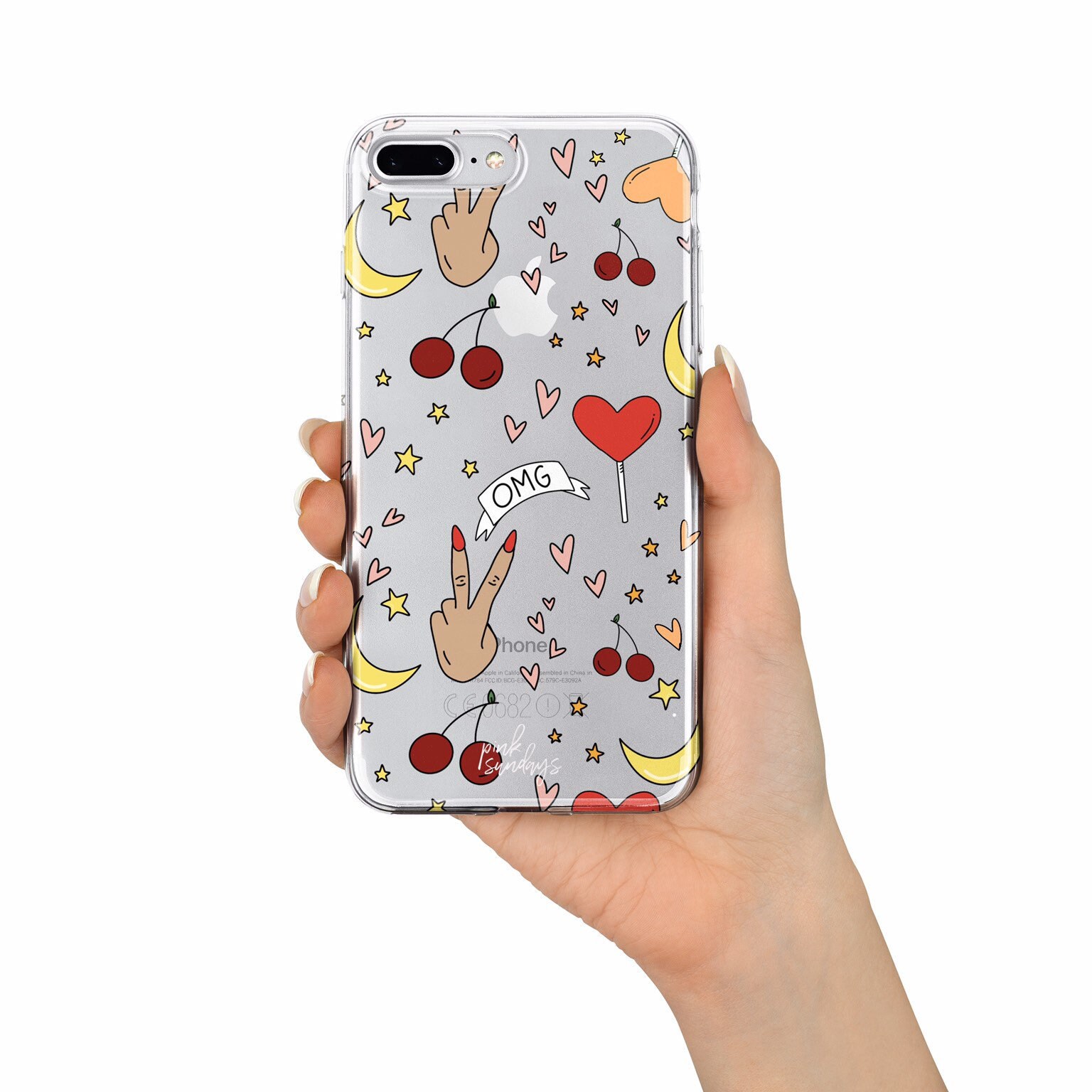 Doodle Pattern Clear iPhone Case, Doodles, Peace Sign Fingers,  Illustration, Cherry Phone Case, Hearts, Stars, Gift Idea, Cute Phone Cases  - Etsy