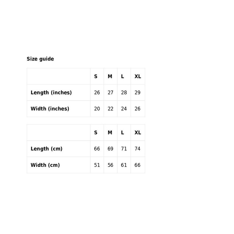 May include: Size guide chart for a garment with measurements in inches and centimeters. The chart shows the length and width of the garment in sizes S, M, L, and XL.