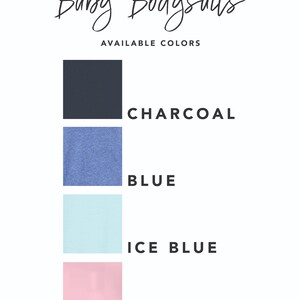 May include: A chart showing the available colors for baby bodysuits. The colors are charcoal, blue, ice blue, and pink.