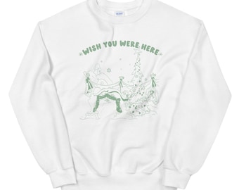 Who Greetings Sweater, Wish You Were Here vintage post card style holiday sweater, ugly christmas sweater, hand drawn, illustrated sweater