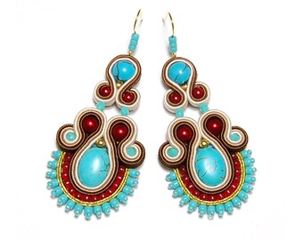 Colorful turquoise blue red brown beige soutache earrings handmade boho style jewelry gift for her