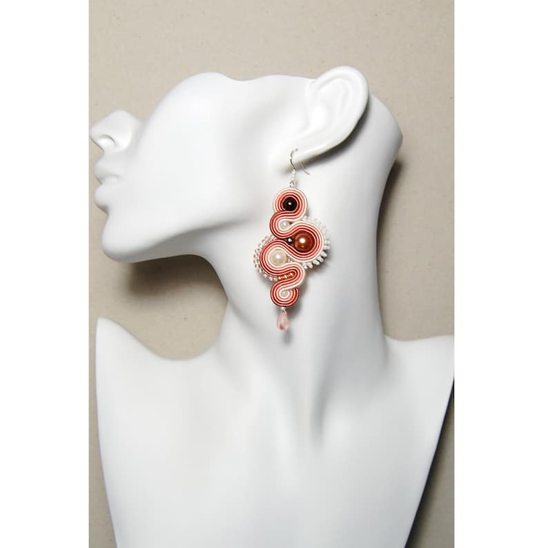 Soutache earrings dirty pink salmon beige ecru handmade jewelry sutasz orecchini pendientes boucles d/'oreilles oorbellen Ohrringe